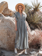 Women Beach Cover Up Dress V Neck Button Drawstring Short Sleeve Dress