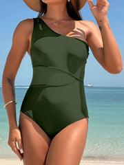 Emo - Women's One Piece Swimsuits Tummy Control Mesh Patchwork Bathing Suit One Shoulder Adjustable Straps