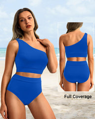 Emo - One Shoulder High Waisted Bikini Sets Two Piece Swimsuit Tummy Control-Pink