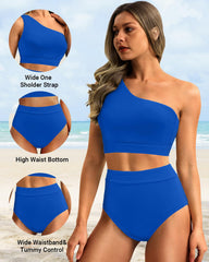 Emo - One Shoulder High Waisted Bikini Sets Two Piece Swimsuit Tummy Control-Pink