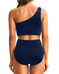 Emo - One Shoulder High Waisted Bikini Sets Two Piece Swimsuit Tummy Control-Pink