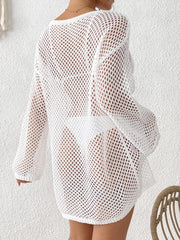 Women Bathing Suit Cover Up Slit Hem V Neck Long Sleeve Crochet Knit Hollow Out Swimwear Swimsuit Beach Mini Dress