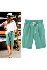 Emo - Women's Elastic Waist Knee Length Casual Cotton Bermuda Shorts with Drawstring