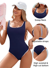 Emo - Women's One Piece Swimsuit Sports Adjustable Strap Bathing Suit Color Block Ribbed High Cut Swimsuits