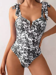 Emo - Women's One Piece Swimsuits Tummy Control Bathing Suits V Neck Boho Tie Shoulder Ruched Full