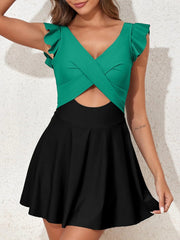 Emo - Women's One Piece Swimsuit Ruffle Cutout Swimdress Tummy Control V Neck Wrap Swimwear