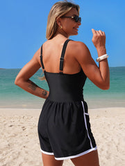 Emo - Women's Colorblock Sporty Tummy Control One Piece Bathing Suit with Shorts Pockets