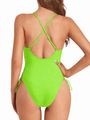 Women Sexy Lace Up One Piece Swimsuit Deep Plunge V Neck High Cut Bathing Suits