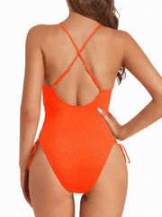 Women Sexy Lace Up One Piece Swimsuit Deep Plunge V Neck High Cut Bathing Suits