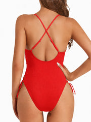 Women Sexy Lace Up One Piece Swimsuit Deep Plunge V Neck High Cut Bathing Suits