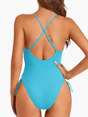Women Sexy Lace Up One Piece Swimsuit Deep Plunge V Neck High Cut Bathing Suits