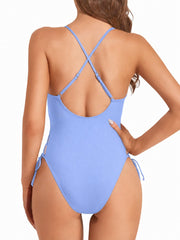 Women Sexy Lace Up One Piece Swimsuit Deep Plunge V Neck High Cut Bathing Suits