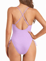 Women Sexy Lace Up One Piece Swimsuit Deep Plunge V Neck High Cut Bathing Suits