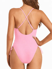 Women Sexy Lace Up One Piece Swimsuit Deep Plunge V Neck High Cut Bathing Suits