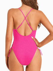 Women Sexy Lace Up One Piece Swimsuit Deep Plunge V Neck High Cut Bathing Suits