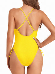 Women Sexy Lace Up One Piece Swimsuit Deep Plunge V Neck High Cut Bathing Suits
