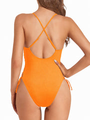 Women Sexy Lace Up One Piece Swimsuit Deep Plunge V Neck High Cut Bathing Suits
