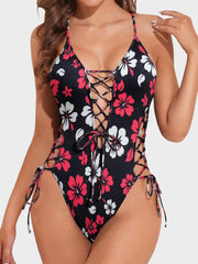 Women Sexy Lace Up One Piece Swimsuit Deep Plunge V Neck High Cut Bathing Suits