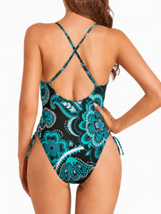Women Sexy Lace Up One Piece Swimsuit Deep Plunge V Neck High Cut Bathing Suits