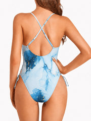 Women Sexy Lace Up One Piece Swimsuit Deep Plunge V Neck High Cut Bathing Suits