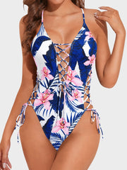 Women Sexy Lace Up One Piece Swimsuit Deep Plunge V Neck High Cut Bathing Suits