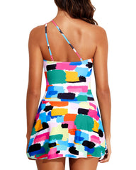 Emo - Women One Piece Swim Dress One Shoulder Swimsuit with Skirt