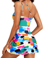 Emo - Women One Piece Swim Dress One Shoulder Swimsuit with Skirt