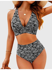 Emo - Women Embroidery Print High Waisted Bikini Sets V Neck Tummy Control Bathing Suit Two Piece Curvy Swimsuits