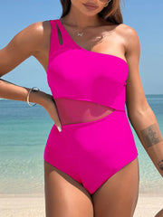 Emo - Women's One Piece Swimsuits Tummy Control Mesh Patchwork Bathing Suit One Shoulder Adjustable Straps