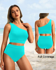 Emo - One Shoulder High Waisted Bikini Sets Two Piece Swimsuit Tummy Control-Pink