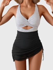 Emo - Women Mesh One Piece Swimdress Swimsuit Tummy Control V Neck Cutout Bathing Suit