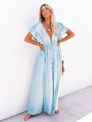 Women Beach Cover Up Dress V Neck Button Drawstring Short Sleeve Dress