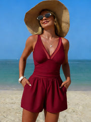 Women Swim Rompers with Built in Bra One Piece V Neck Tummy Control Bathing Suit