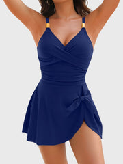 Women Tummy Control One Piece Swimsuit Gold Metal Tie Knot Swim Dress Bathing Suit