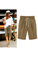 Emo - Women's Elastic Waist Knee Length Casual Cotton Bermuda Shorts with Drawstring