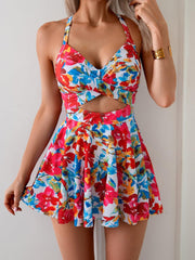 Women Cutout One Piece Skirt Swimsuit V Neck Wrap Tie Back Swimdress Tummy Control Bathing Suits