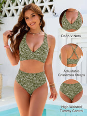 Emo - Women Embroidery Print High Waisted Bikini Sets V Neck Tummy Control Bathing Suit Two Piece Curvy Swimsuits
