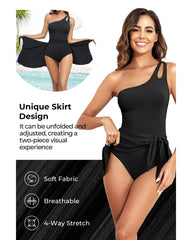 Emo - One Shoulder One Piece Swim Dress for Women Tummy Control Swimsuit with Skirt