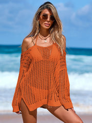 Women Crochet Swimsuit Cover Up 2026 Long Sleeve Mesh Hollow Out Side Slit Resort Wear