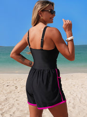 Emo - Women's Colorblock Sporty Tummy Control One Piece Bathing Suit with Shorts Pockets