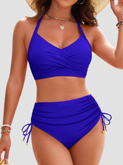 Emo - Womens High Waisted Bikini Sets Drawstring Tummy Control Swimsuits Crisscross Tie Back Bathing Suit