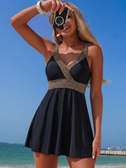 Emo - Women's Black V-Neck One-Piece Swim Dress with Waist Band Detail