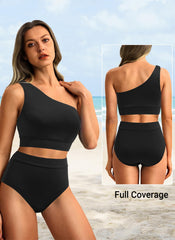 Emo - One Shoulder High Waisted Bikini Sets Two Piece Swimsuit Tummy Control-Pink