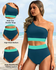 Emo - One Shoulder High Waisted Bikini Sets Two Piece Swimsuit Tummy Control-Pink