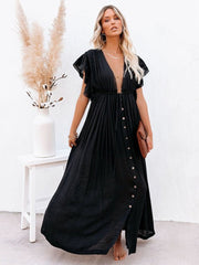 Women Beach Cover Up Dress V Neck Button Drawstring Short Sleeve Dress