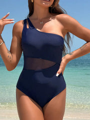 Emo - Women's One Piece Swimsuits Tummy Control Mesh Patchwork Bathing Suit One Shoulder Adjustable Straps