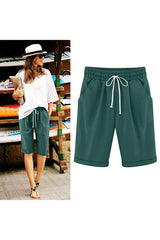 Emo - Women's Elastic Waist Knee Length Casual Cotton Bermuda Shorts with Drawstring