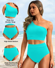 Emo - One Shoulder High Waisted Bikini Sets Two Piece Swimsuit Tummy Control-Pink