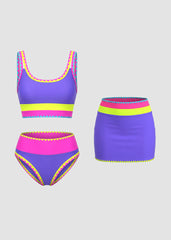 Womens Color Contrast Patchwork Nylon Sporty 3 Piece Bikini Sets