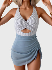 Emo - Women Mesh One Piece Swimdress Swimsuit Tummy Control V Neck Cutout Bathing Suit